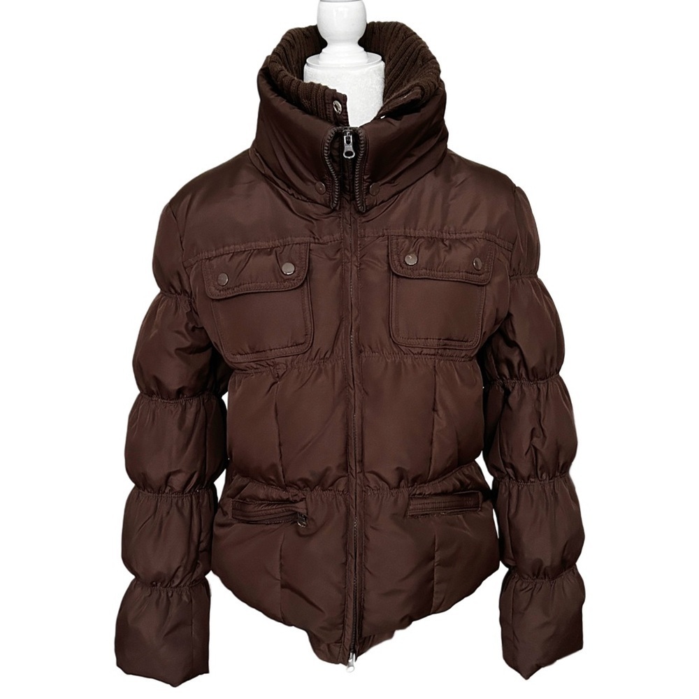 CoffeeShop Chocolate Brown Zip Up Down Feather Puffer Jacket Size Medium - Picture 1 of 15